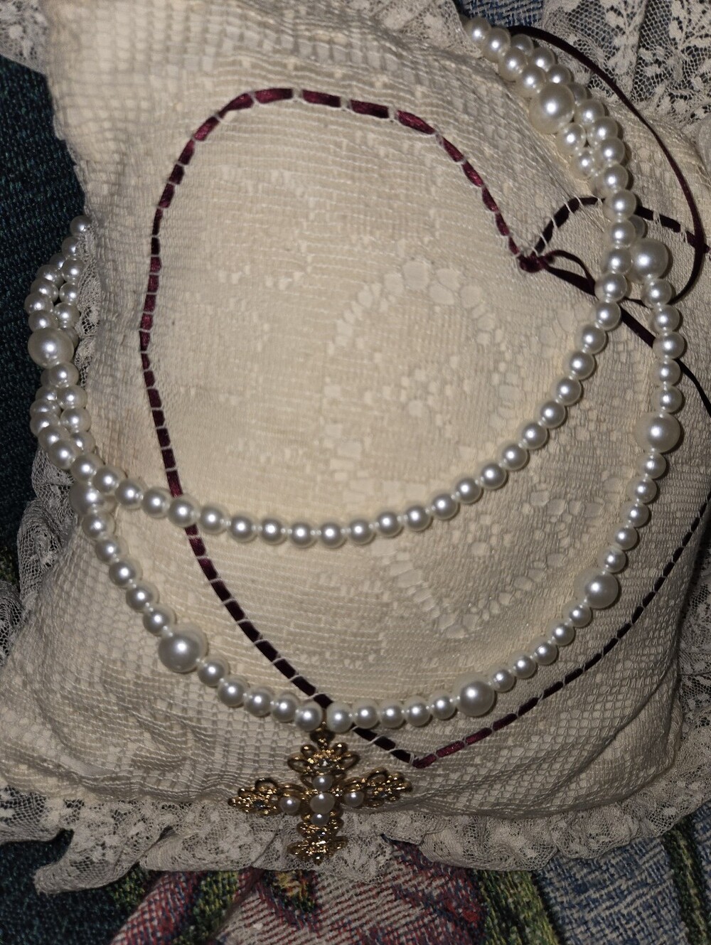 Pearl Layered Necklace with Gold Cross Pendant - White Pearls